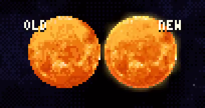 Sun : ☀☀ early version vs updated current one. Palette with more colors on mid oranges + glow added, brightness cycles, 