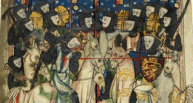 <p>Death and the word; William conquers Harold and the English language. From Cotton Vitellius A XIII(1) f3v. <em>Photo courtesy British Library</em></p>