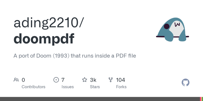 A port of Doom (1993) that runs inside a PDF file. Contribute to ading2210/doompdf development by creating an account on GitHub.