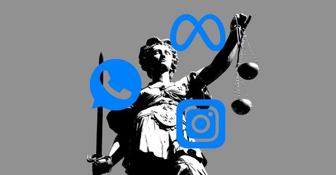 Justice statue with Meta, Instagram, and Whatsapp logos.