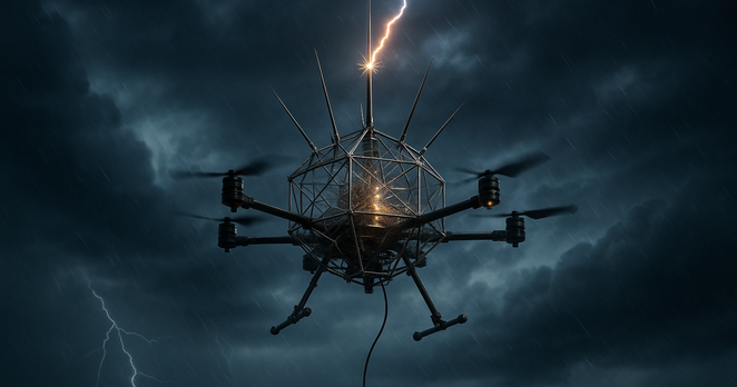 This image, created using generative tools, depicts the moment a lightning strike hits a faraday-caged drone, routing an enormous spike of energy down a ground wire. Scroll down for images of the actual device