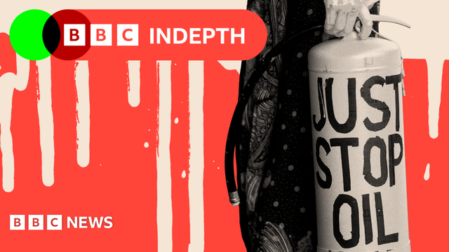 A treated image showing a red paint background with a cannister reading 'just stop oil'