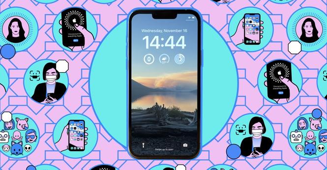 iPhone against a background of small illustrations.