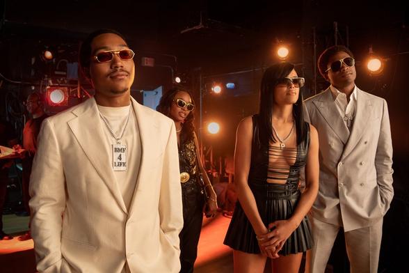 BMF Season 4 episodic photo of Demetrius Flenory Jr. ("Meech"), Jordan Alexander (“Purdy”), Da'Vinchi ("Terry")