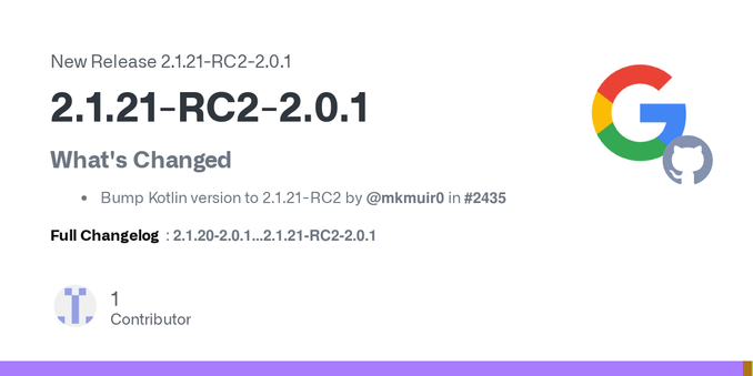 What's Changed

Bump Kotlin version to 2.1.21-RC2 by @mkmuir0 in #2435

Full Changelog: 2.1.20-2.0.1...2.1.21-RC2-2.0.1