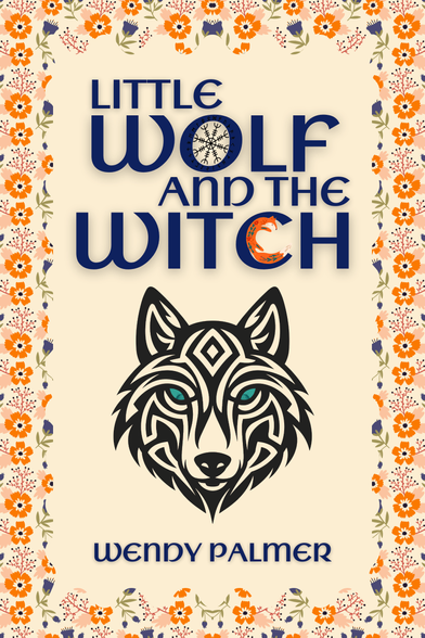 The title is in angular font, with a Helm of Awe in the O of Wolf, and a curling fox in the C of Witch. A black line drawing of a stylised wolf head, is the central motif, and it has bright green-blue eyes and a slight smile. The border is flowers and leaves, in orange and blue to match the orange fox and blue text.