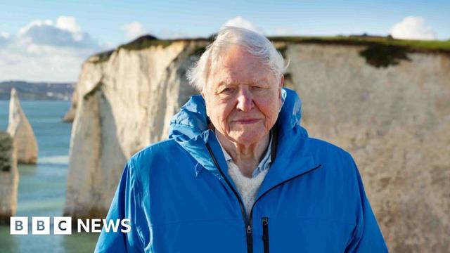 Sir David Attenborough wearing a blue zip jacket looks at the camera with a blue sea and a white cliff behind him. Sun shines on his face making him squint his eyes slightly. Sir David Attenborough wearing a blue zip jacket looks at the camera with a blue sea and a white cliff behind him. Sun shines on his face making him squint his eyes slightly.