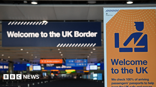 UK border signage at the passport control in arrivals in Terminal 2 at Heathrow Airport in 2019
