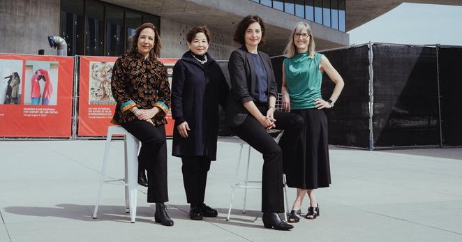 Four curators retelling art history at LACMA, left to right: Diana Magaloni, Sharon S. Takeda, Leah Lehmbeck and Britt Salvesen outside the new Geffen Galleries by Peter Zumthor at Wilshire Boulevard. It opens — without art — in June.