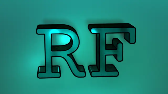 The Letters RF, reflective, with a shadow behind them. The logo for Rainbow Forge, a QTPOC Web Developer.