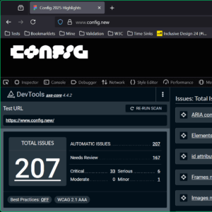 A Figma Sites demo with axe dev tools open and showing 207 WCAG errors.