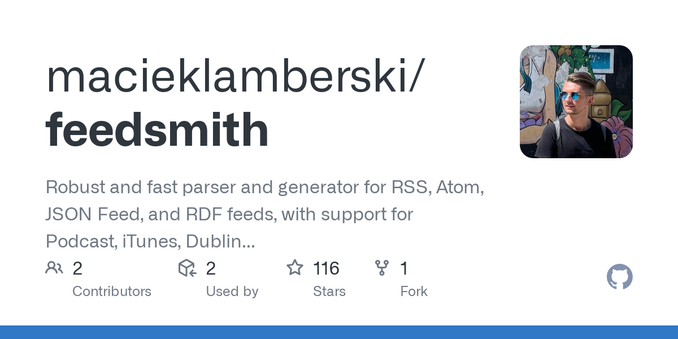 Robust and fast parser and generator for RSS, Atom, JSON Feed, and RDF feeds, with support for Podcast, iTunes, Dublin Core, and OPML files. - macieklamberski/feedsmith
