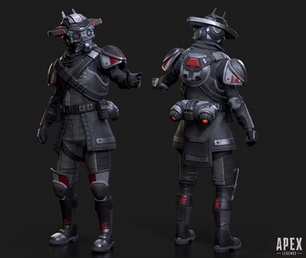 A render of the Level 1 Bloodhound Skin I made for Apex Legends. A mysterious person, their features are obscured. They are wearing a full head helmet with a wide metal brim, a respirator and silver goggles with round, opaque black eyes. Their outfit is black and grey with silver accents, a sleek hip-length jacket underneath crossed leather bandoliers and a black scarf, grey trousers with black kneepads and black leather boots. Lightly armoured with broad shoulder armour painted white and red. 