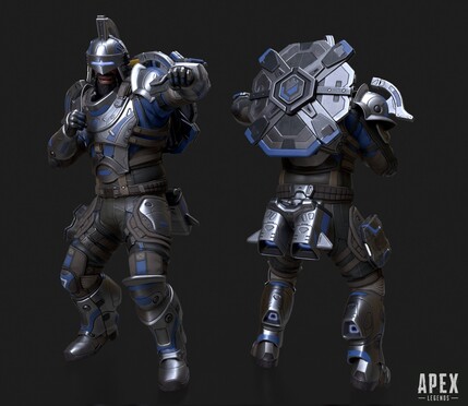 A render of a Legendary skin I made for Newcastle. He's a tall, bearded Black man, clearly strong but a bit dad bod. He's dressed in shiny knight armour with a sci-fi twist, silver metal plates with blue painted accents worn on top of brown leather. He's wearing a helmet with a tall metal crest and his eyes are obscured with a visor with a glowing eye-slit. On his back he's carrying his huge metal shield.