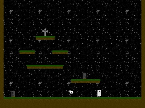 A pixel platformer of a ghost in a graveyard at night.