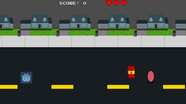 A screenshot of a game jam game.  The Godot logo is on a residential street before an explosive barrel and a red blob representing an enemy.