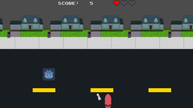 The Godot logo is still on the street.  Now score has increased to 5 and only 1 of 3 hearts are filled.  a newspaper is hurtling towards an enemy.