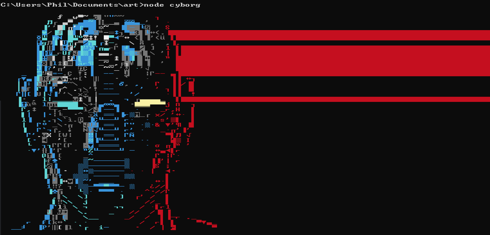 A windows console window showing colorful ASCII art of a robot face being lit from the sides. The right side's rimlight is streaking across the entire right side.