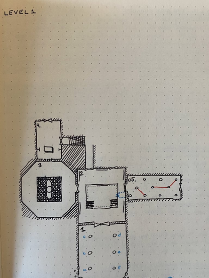 Overhead map of rooms 1 through 5 in my #dungeon23