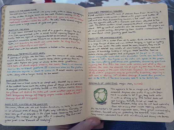 Written descriptions of rooms 8 to 14 and an illustration of the Emerald of Undying.