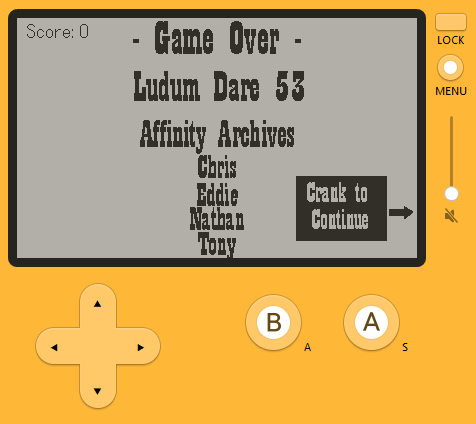 Playdate game, Crank Shot credits and gameover screen