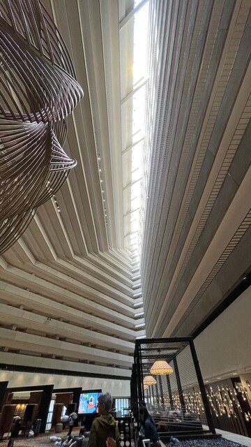 Inside the Embarcadero Hyatt Regency. Never fails to impress. Shot looking up 17 floors to the skylights. Spiraling sculpture on the left. 