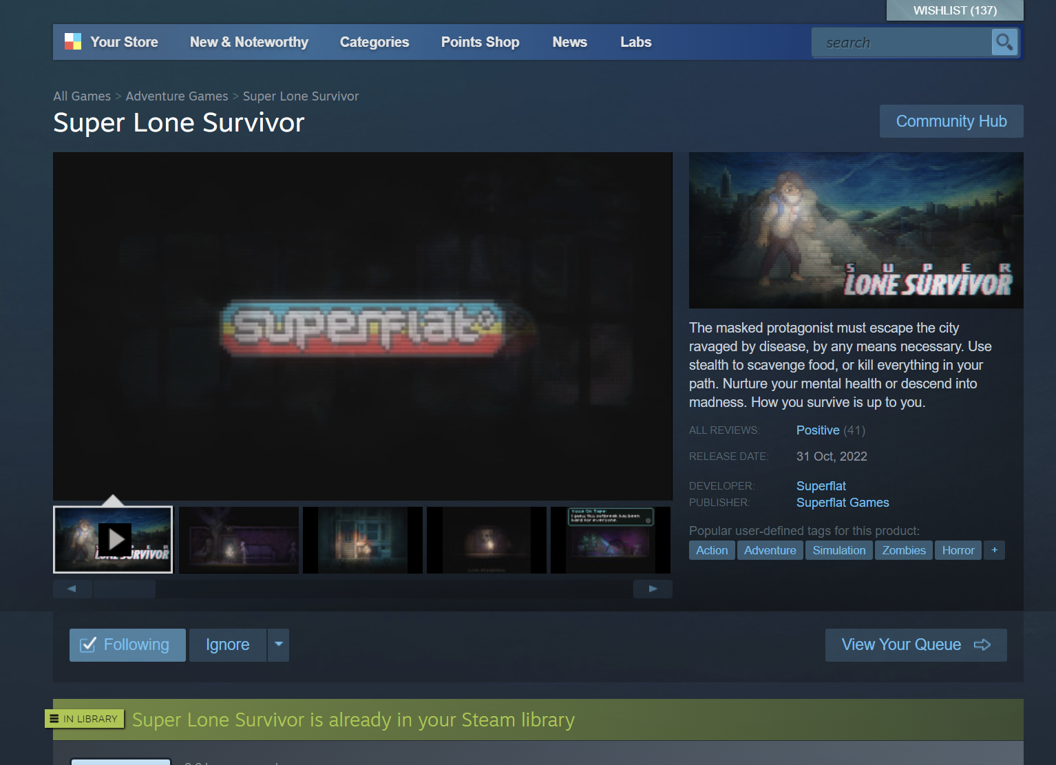 Super Lone Survivor no Steam