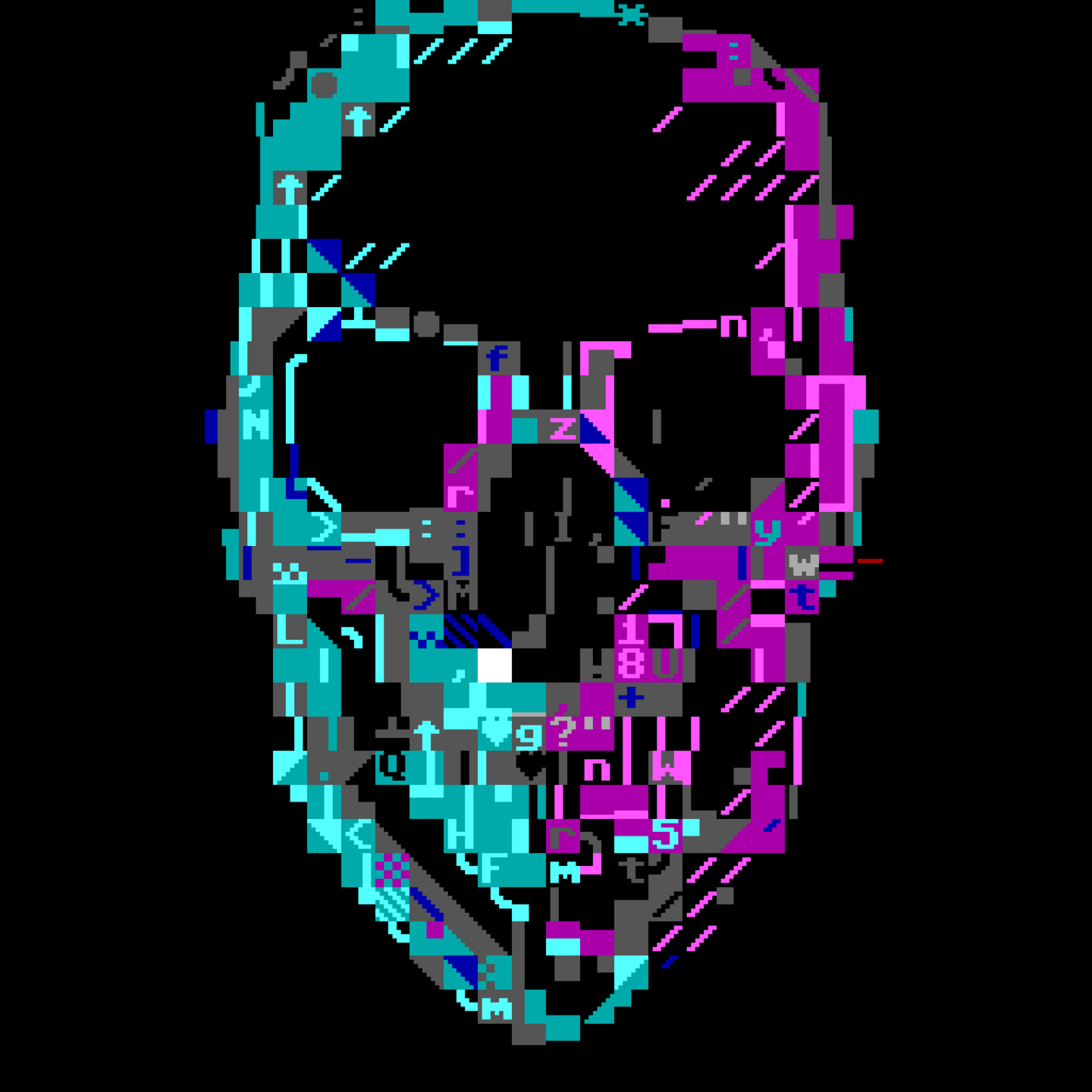 A PETSCII artwork of a skull, lit from the sides in cyan and fuchsia