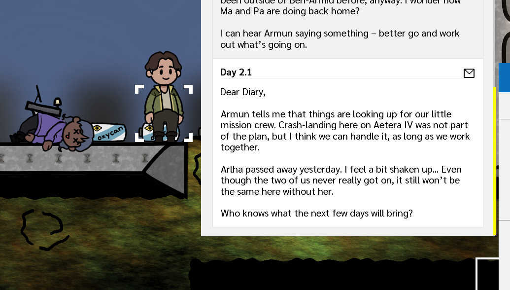Screenshot from Adaptory showing a diary entry; "Arlha passed away yesterday. I feel a bit shaken up... Even though the two of us never really got on, it still won't be the same here without her."