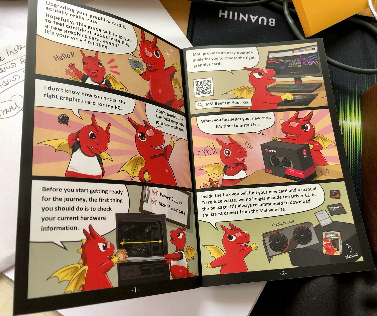 First page of MSI cartoon instruction booklet for upgrading your GPU. It’s super adorbs but also has decent info