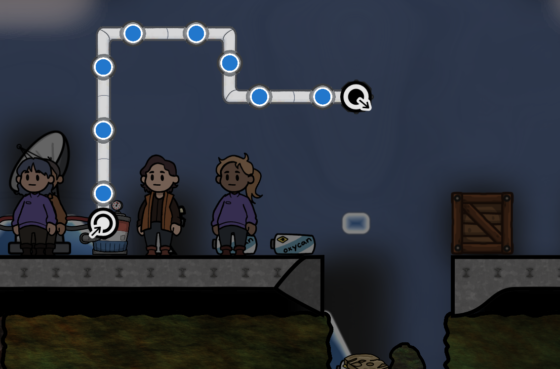 An early screenshot from Adaptory showing packets of water being transported along a liquid pipe network