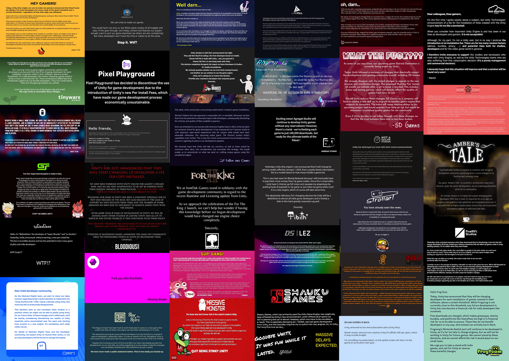 A colorful collage of social media posts that studios have done in response to the Unity per install tax announcement.