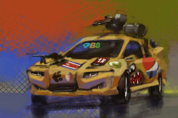 Digital painting of cyberpunk car, complete with guns and decals