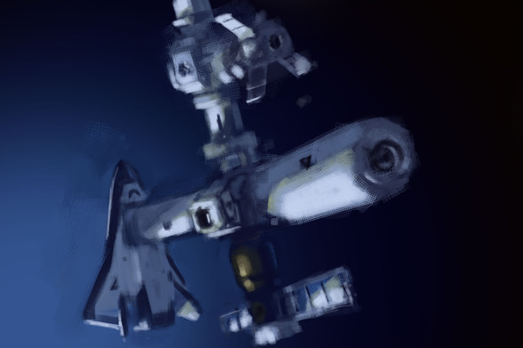 Digital painting of space station, with a docked space plane and capsule