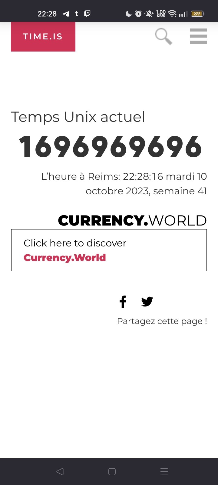 Screenshot of the current Unix time (from time.is) showing 1696969696.