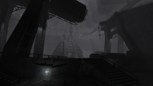 retro screenshot of a massive concrete megastructure, pyramid in the center, and a broken rail bridge in front of it