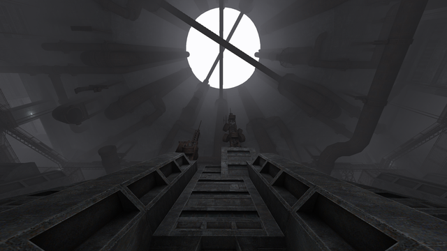 retro game screenshot of an upshot into the hole where the main light source is spilling in. metal bridges span the length of the hole