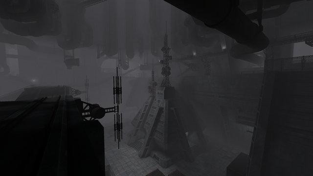 retro game screenshot of the massive concrete megastructure again, seen from a higher vantage point