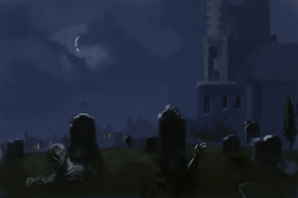 Digital painting of zombies rising from their graves at night, a large gothic church and a few small cottages in the background