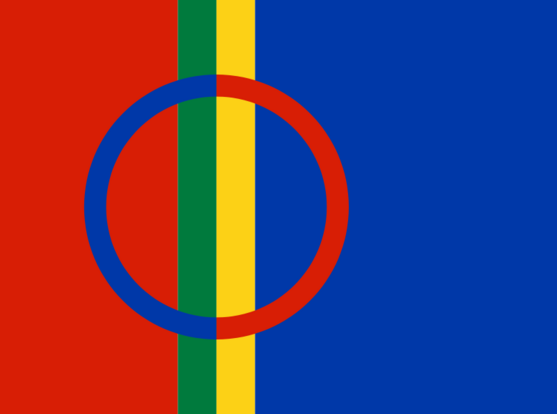 The Sámi flag consisting of red, green, yellow and blue vertical bands connected by a blue and red ring, the Sámi colours. Designed by Astrid Båhl.