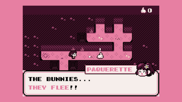 A screenshot from the store page of the game, that sums the gameplay up quite well. It shows the very first level, with Paquerette (the slightly naive protagonist of the title) and a white little bunny along a narrow corridor, ending in a bunch of dead ends. A dialog panel at the bottom of the screen shows Paquerette exclaiming: "The bunnies... they flee!!" – which quickly turns into a brain twisting problem, since your job is to catch those bunnies anyway.