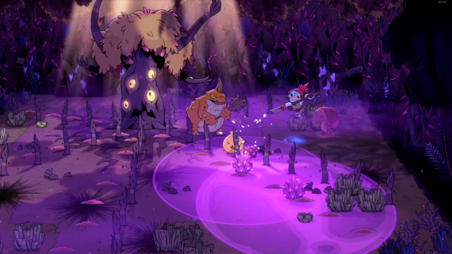 Gameplay screenshot showing combat against "Mother Treek": a battlefield with spikes erupting from the ground, bombs primed to explode, and a lone player leaping through the air with a spear towards some plant-based monsters.