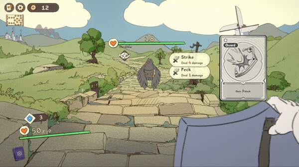 Screenshot from Steam showing playing a block card which has an animation of pulling out a shield.

The player faces a crow in a landscape of rolling hills.