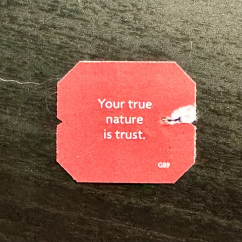 A label from a tea bag with a message: “Your true nature is trust.”