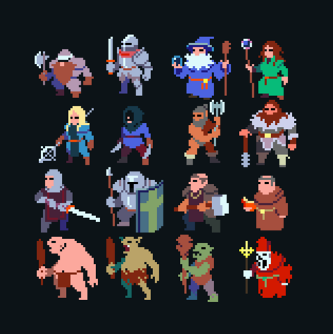 various roguelike fantasy characters, dwarf, knight, wizards, cleric, thief, barbarian, and humanoid monsters