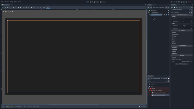 Short video showing my custom container in action: First, I add a ColorRect node (could have used any other node, either) as a child. A tab bar with a single tab named "ColorRect" appears in the editor. Renaming the node to "Tab1" changes the text on the tab as well. Next, I demonstrate duplicating, moving and deleting the node – the tab bar updates accordingly. Lastly, I select the container node itself and modify its settings in the inspector: I move the tab bar to the right (they are arrange…