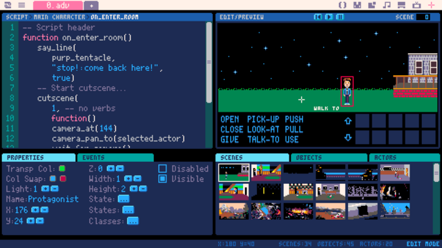 Mock-up design of the current plan for SCUMM-Tron, a Point+Click adventure game creator to be made with Picotron - depicting built-in script editor, property manager, game preview/editor, scene list and more
