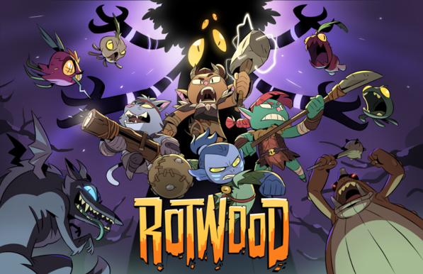 Key art for Rotwood. Shows two ogres, a mammimal, and a mer player in an action pose with many creatures leaping to attack.