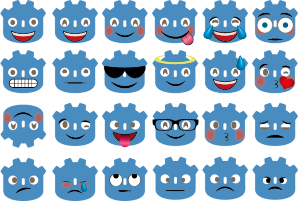 24 custom emoticons based on the blue robot mascot of the Godot game engine.

Source: https://github.com/jmb462/godot-icons/blob/master/icons/emoticons.png (CC-0)