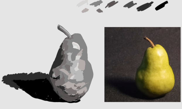 a greyscale sketch of a pear